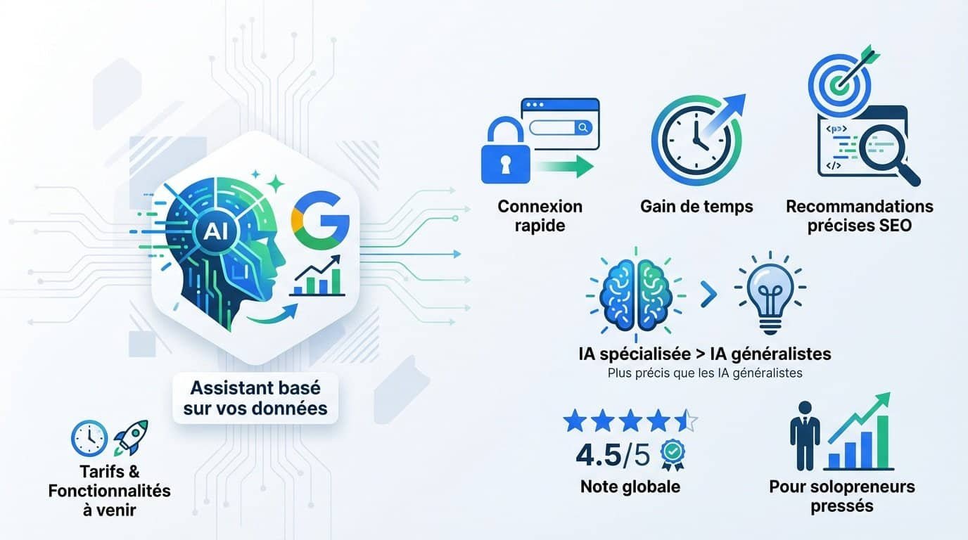 Interface de l'assistant IA ChatSEO connecté à la Google Search Console
Avis ChatSEO